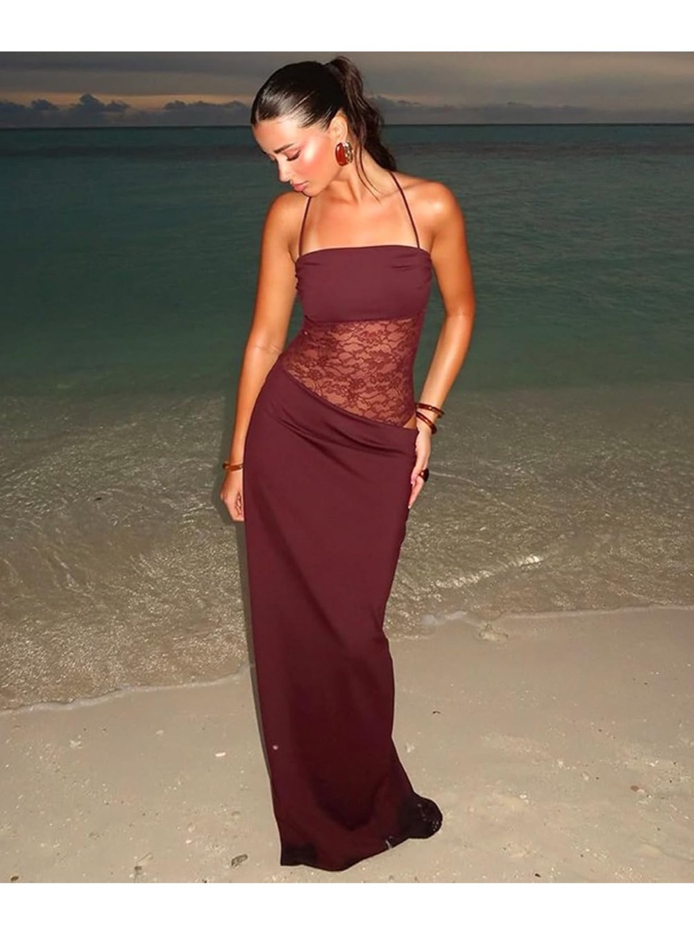 Strapless Burgundy Lace-Panel Maxi Dress